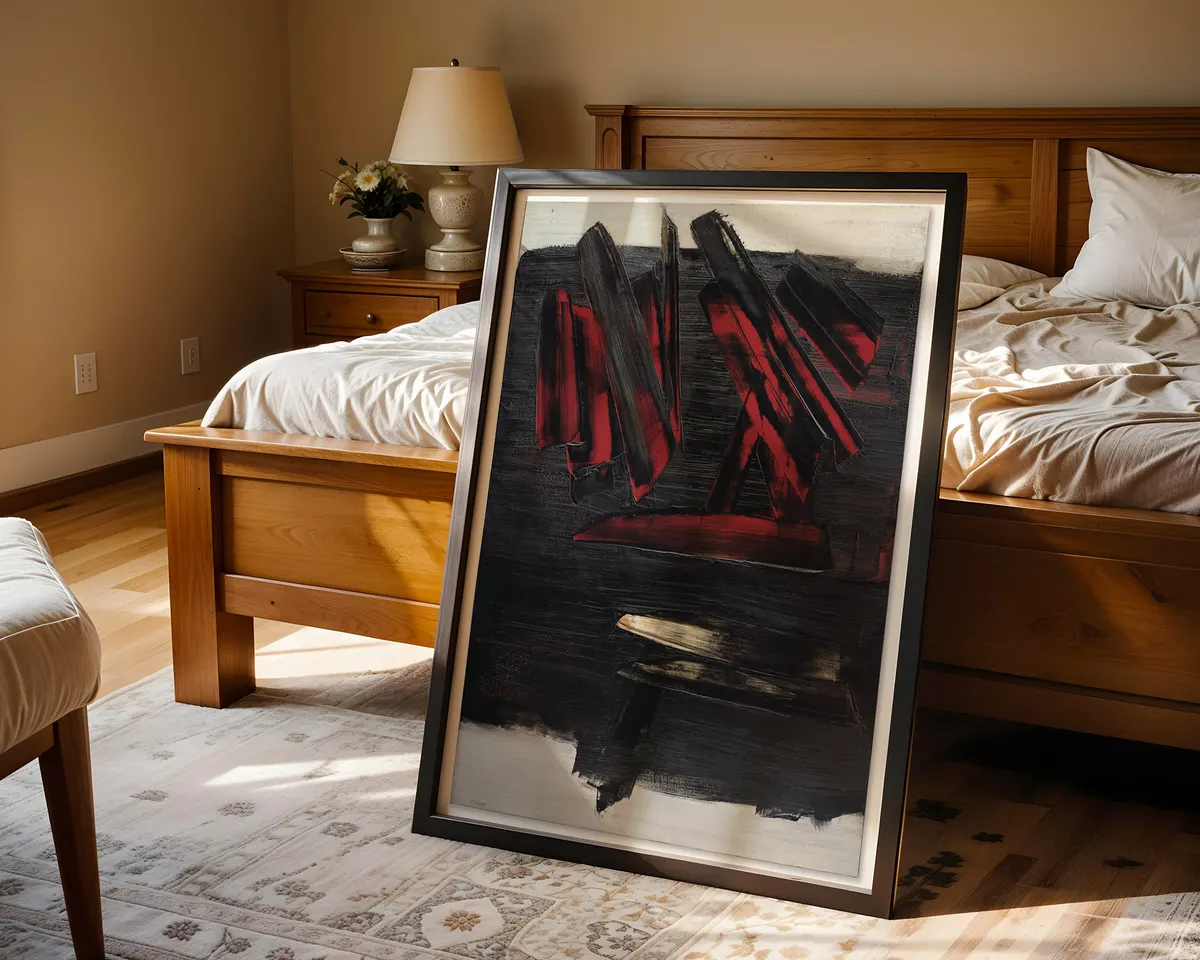 Pierre Soulages-inspired 1959 Outrenoir black abstract exhibition poster print, December 1959 specific dark composition, French post-war abstraction visual language, deep layered black surface with light beyond, archival quality print, Outrenoir collector wall piece, serious French abstract home décor, gallery exhibition statement, post-war art history print, collector art gift. — photo 4