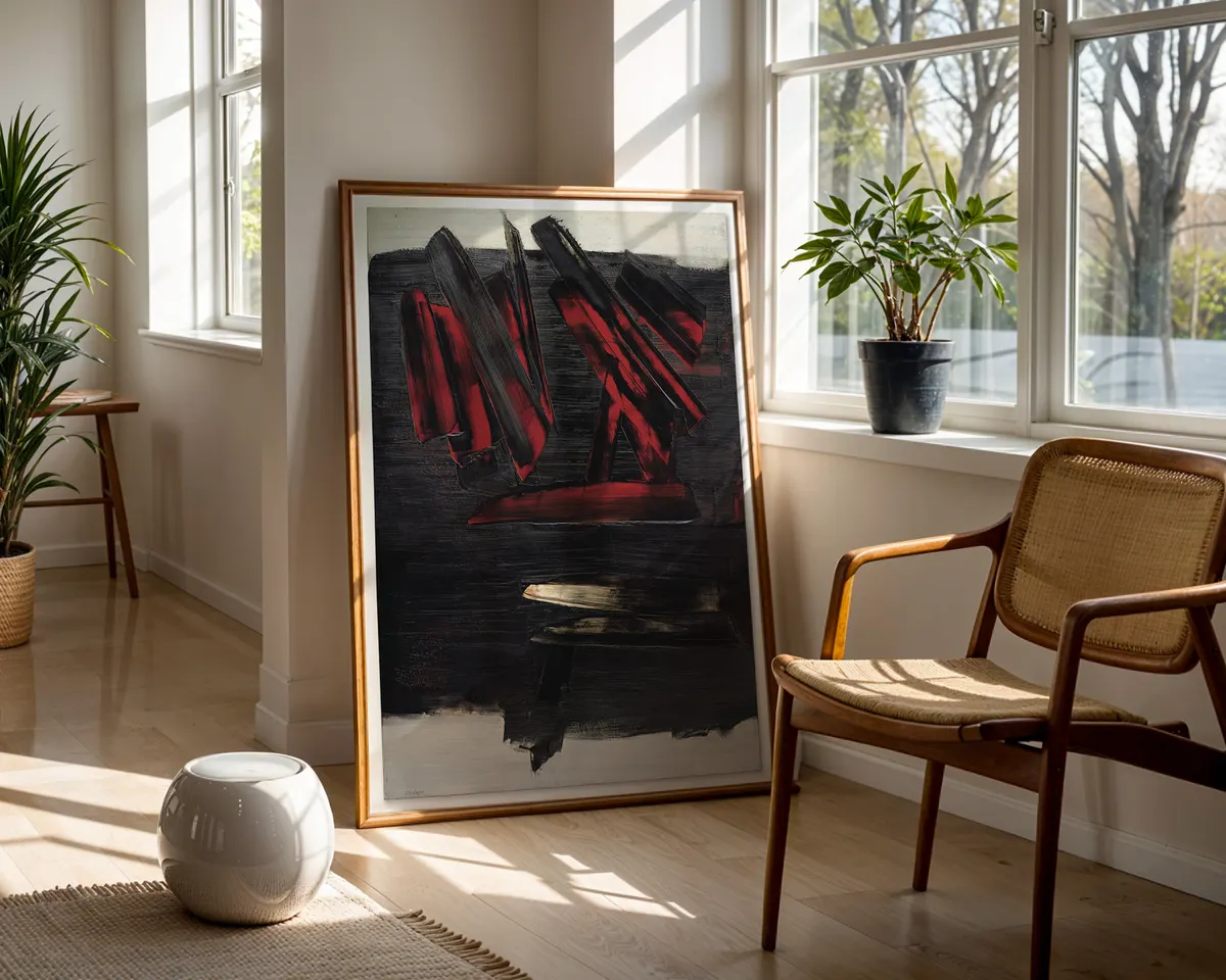 Pierre Soulages-inspired 1959 Outrenoir black abstract exhibition poster print, December 1959 specific dark composition, French post-war abstraction visual language, deep layered black surface with light beyond, archival quality print, Outrenoir collector wall piece, serious French abstract home décor, gallery exhibition statement, post-war art history print, collector art gift. — photo 5