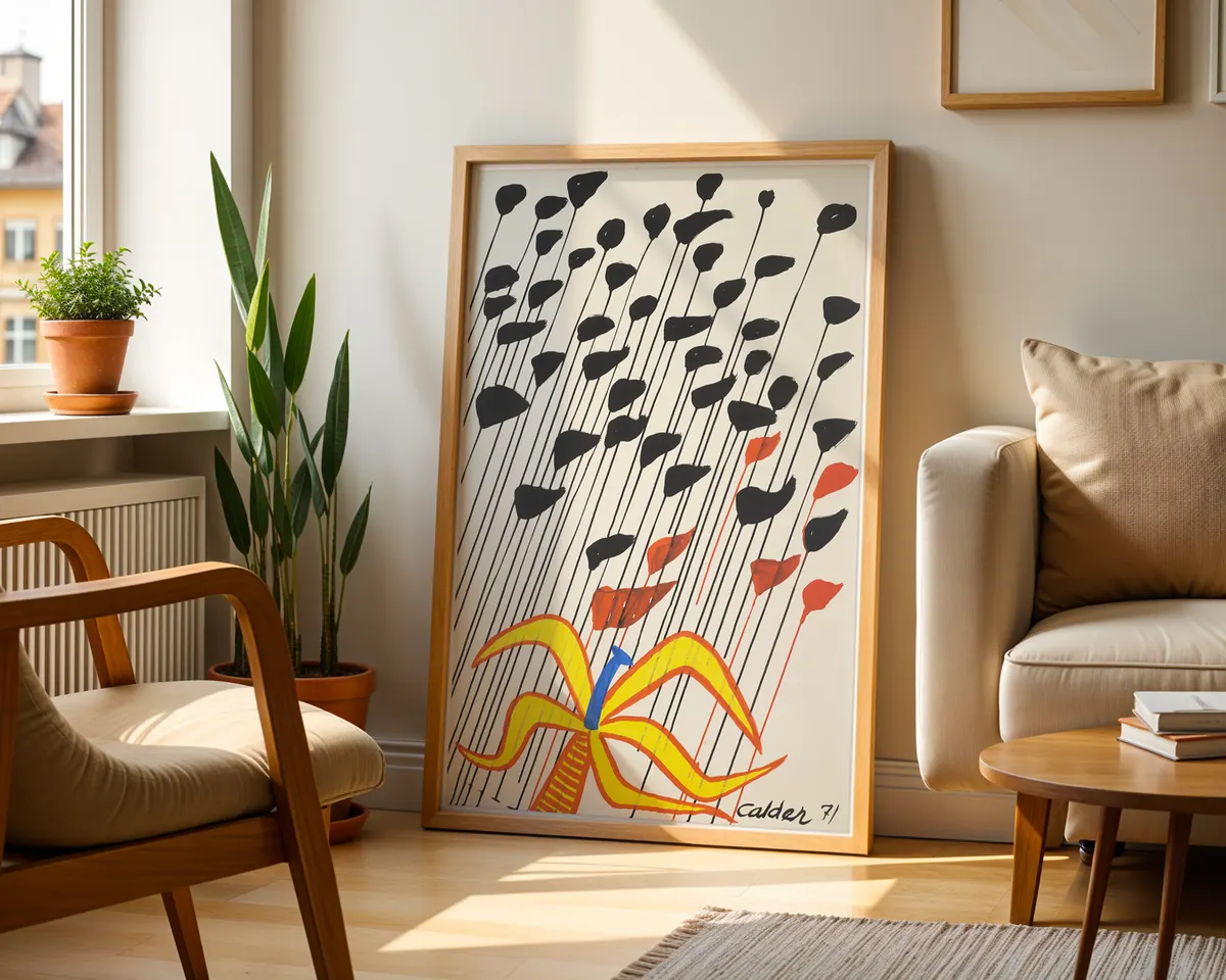 Alexander Calder-inspired flower kinetic art poster print, joyful primary colour botanical composition, mobile and stability visual philosophy, wire-and-colour aesthetic language, American modernist playfulness design, archival quality print, Calder kinetic art collector wall piece, playful primary colour home décor, gallery art statement, American modernism inspired gift, kinetic art history print. — photo 2