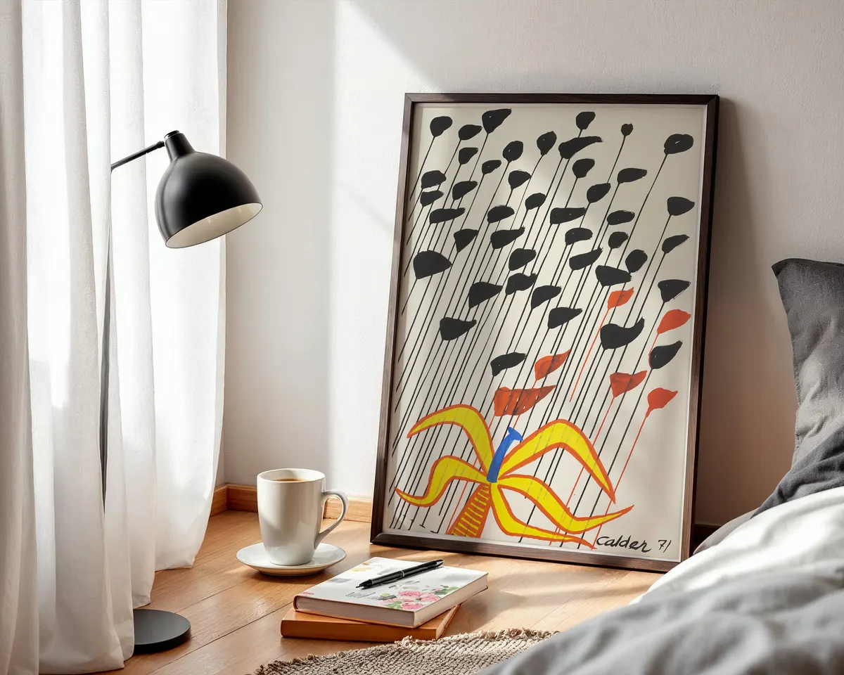 Alexander Calder-inspired flower kinetic art poster print, joyful primary colour botanical composition, mobile and stability visual philosophy, wire-and-colour aesthetic language, American modernist playfulness design, archival quality print, Calder kinetic art collector wall piece, playful primary colour home décor, gallery art statement, American modernism inspired gift, kinetic art history print. — photo 3