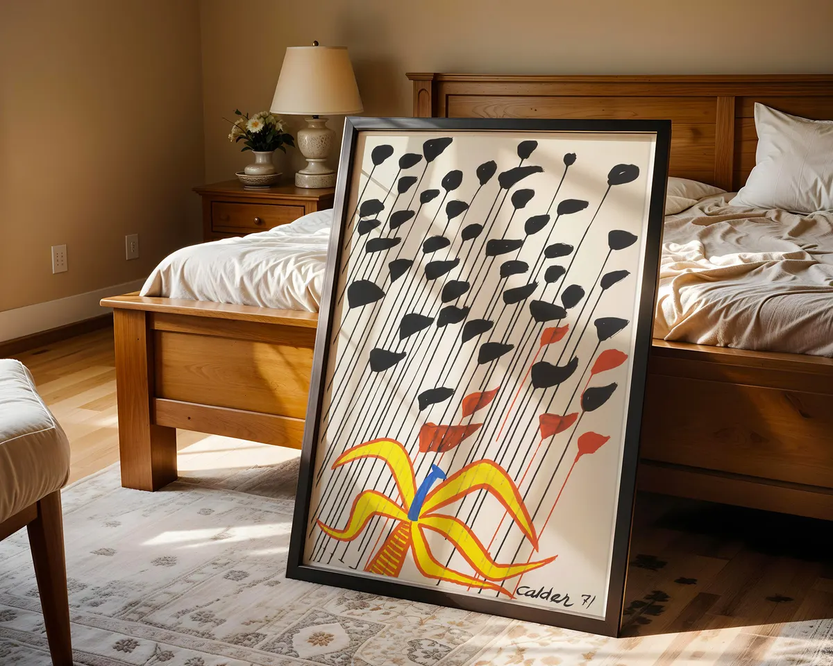 Alexander Calder-inspired flower kinetic art poster print, joyful primary colour botanical composition, mobile and stability visual philosophy, wire-and-colour aesthetic language, American modernist playfulness design, archival quality print, Calder kinetic art collector wall piece, playful primary colour home décor, gallery art statement, American modernism inspired gift, kinetic art history print. — photo 4