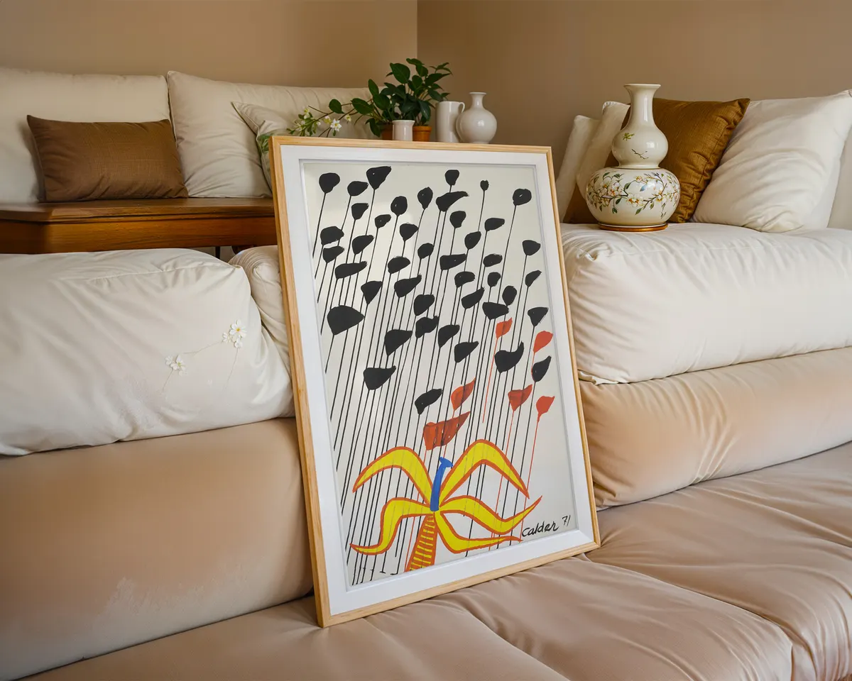 Alexander Calder-inspired flower kinetic art poster print, joyful primary colour botanical composition, mobile and stability visual philosophy, wire-and-colour aesthetic language, American modernist playfulness design, archival quality print, Calder kinetic art collector wall piece, playful primary colour home décor, gallery art statement, American modernism inspired gift, kinetic art history print. — photo 6