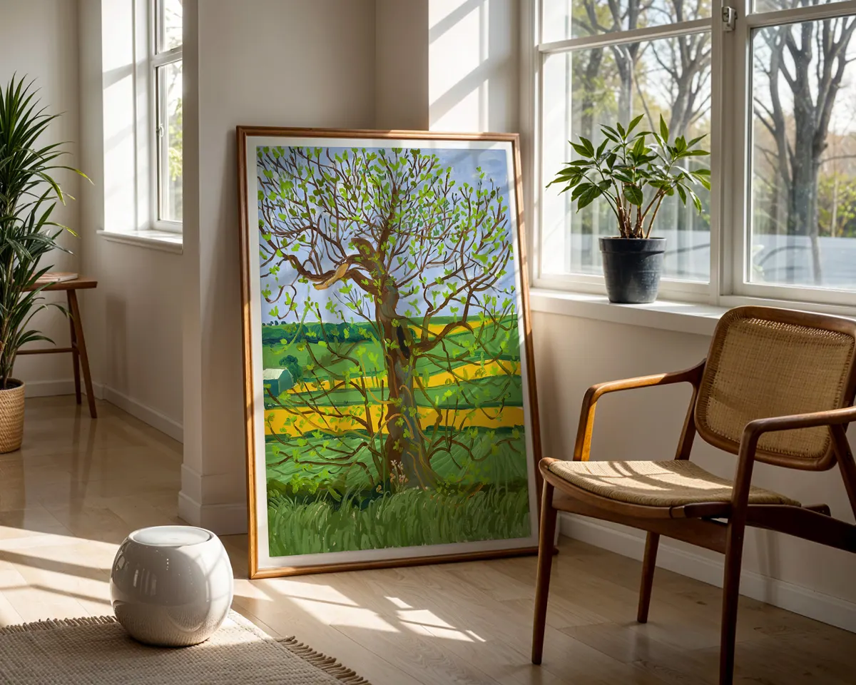 David Hockney-inspired Woldgate tree landscape art poster print, Yorkshire countryside luminous composition, vibrant digital-inspired colour palette, British landscape aesthetic philosophy, seasonal tree study visual language, archival quality print, Hockney landscape collector wall piece, British countryside home décor, contemporary landscape gallery art, Yorkshire inspired print, British art history gift. — photo 5