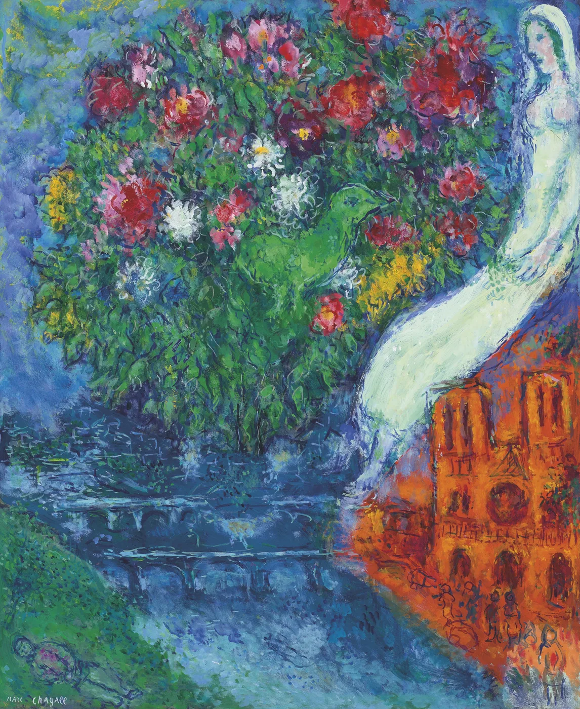 Marc Chagall-inspired Notre Dame Paris romantic surrealist poster print, lovers floating above cathedral composition, warm jewel-toned Chagallian visual language, Russian-French surrealist movement aesthetic, love-defying-gravity philosophy, archival quality print, romantic surrealist art collector wall piece, Chagall-inspired home décor, gallery statement art, romantic surrealism gift.