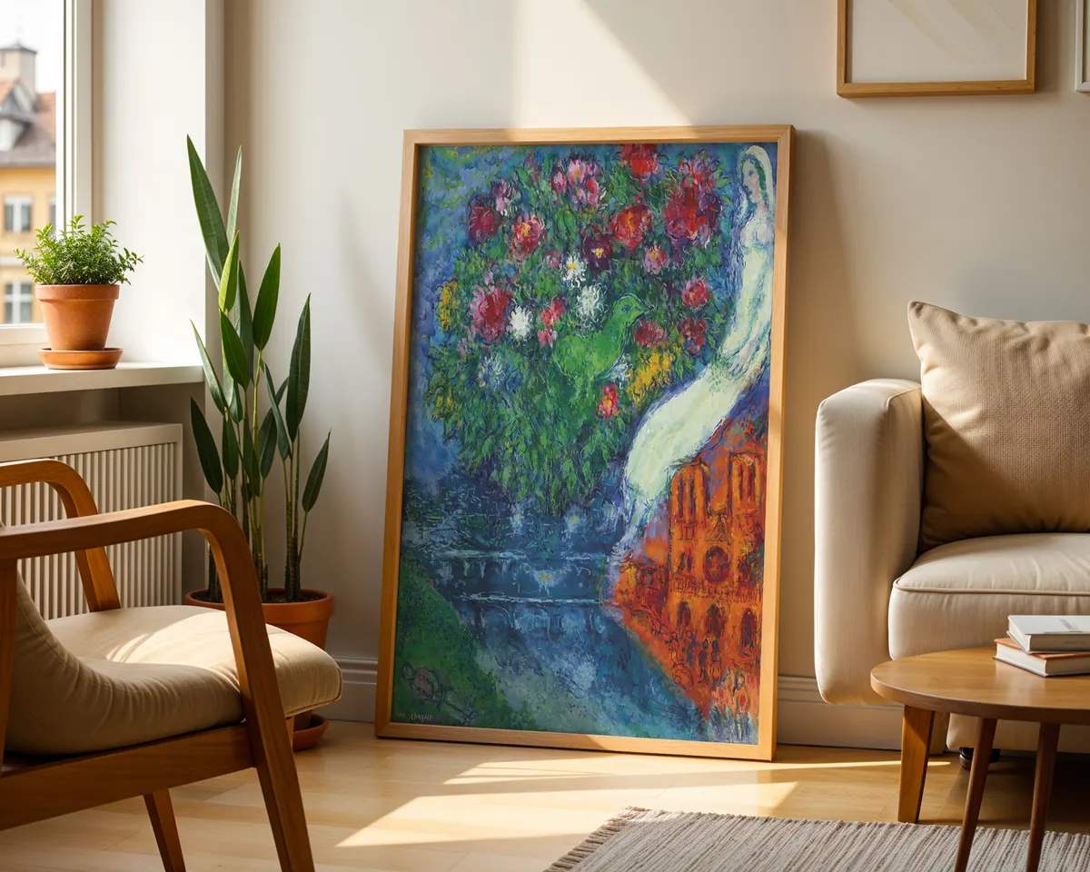 Marc Chagall-inspired Notre Dame Paris romantic surrealist poster print, lovers floating above cathedral composition, warm jewel-toned Chagallian visual language, Russian-French surrealist movement aesthetic, love-defying-gravity philosophy, archival quality print, romantic surrealist art collector wall piece, Chagall-inspired home décor, gallery statement art, romantic surrealism gift. — photo 2