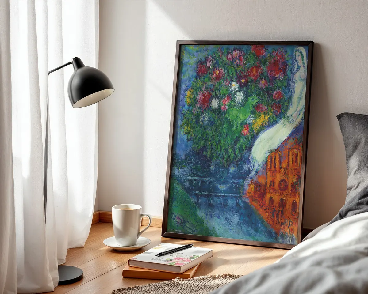 Marc Chagall-inspired Notre Dame Paris romantic surrealist poster print, lovers floating above cathedral composition, warm jewel-toned Chagallian visual language, Russian-French surrealist movement aesthetic, love-defying-gravity philosophy, archival quality print, romantic surrealist art collector wall piece, Chagall-inspired home décor, gallery statement art, romantic surrealism gift. — photo 3