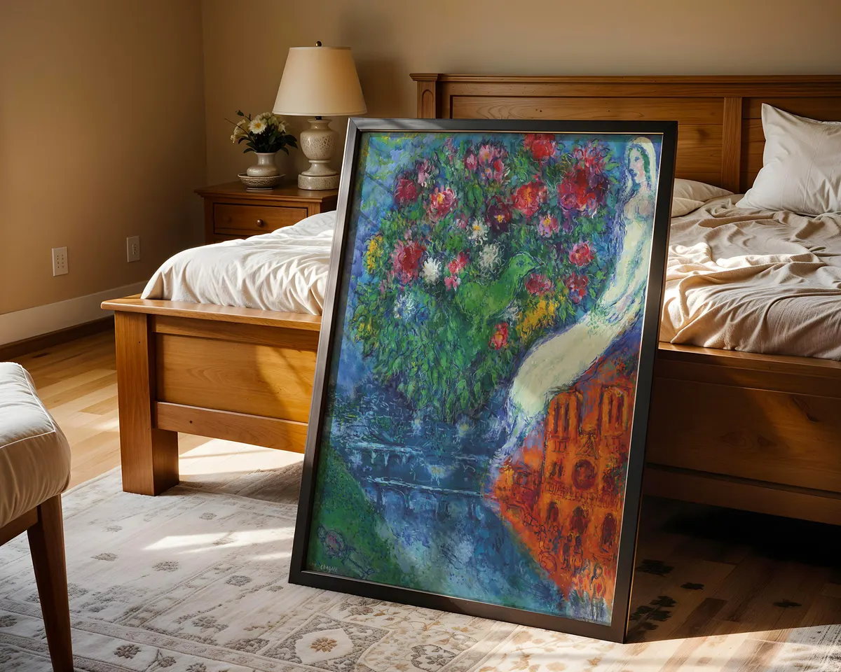 Marc Chagall-inspired Notre Dame Paris romantic surrealist poster print, lovers floating above cathedral composition, warm jewel-toned Chagallian visual language, Russian-French surrealist movement aesthetic, love-defying-gravity philosophy, archival quality print, romantic surrealist art collector wall piece, Chagall-inspired home décor, gallery statement art, romantic surrealism gift. — photo 4