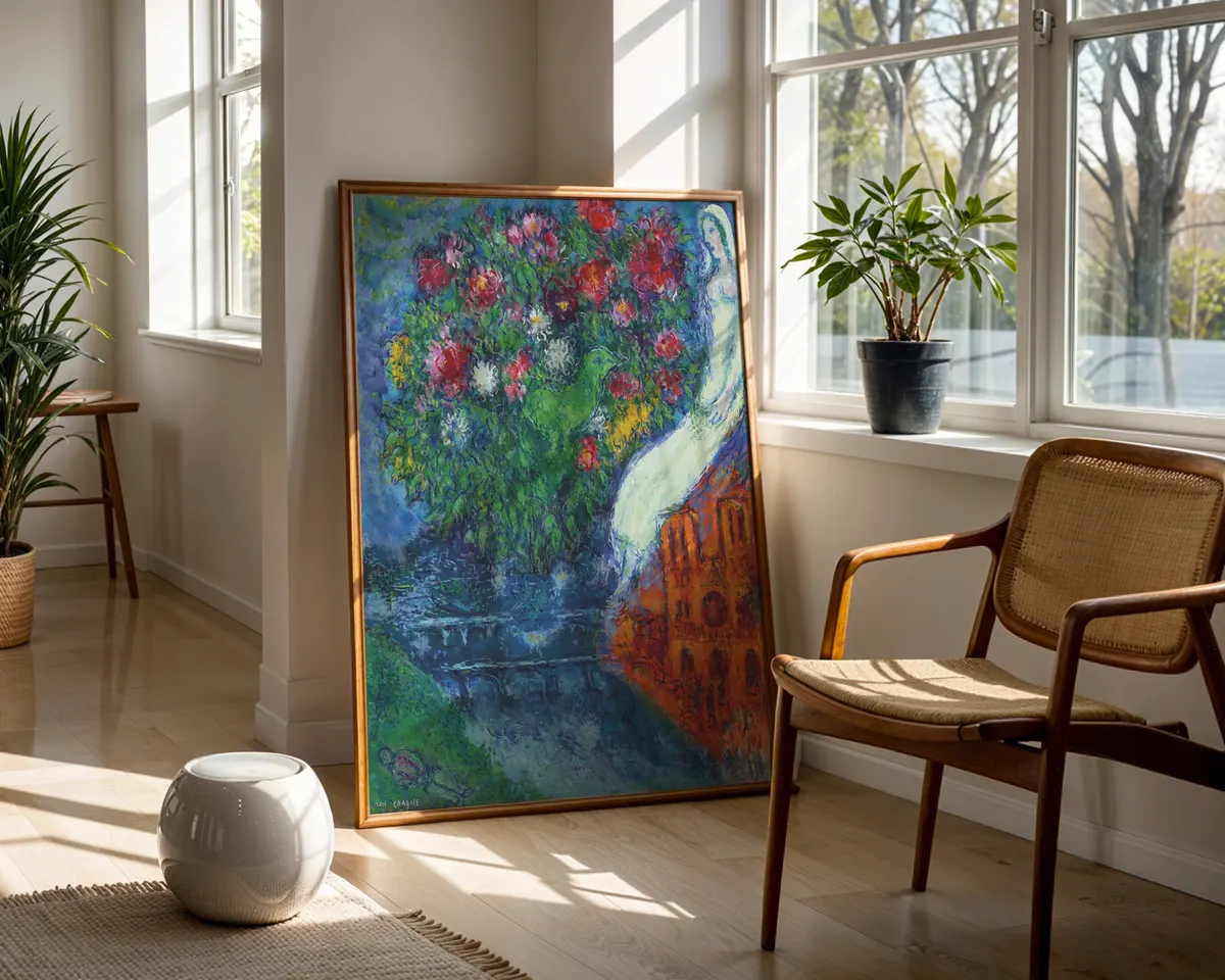 Marc Chagall-inspired Notre Dame Paris romantic surrealist poster print, lovers floating above cathedral composition, warm jewel-toned Chagallian visual language, Russian-French surrealist movement aesthetic, love-defying-gravity philosophy, archival quality print, romantic surrealist art collector wall piece, Chagall-inspired home décor, gallery statement art, romantic surrealism gift. — photo 5