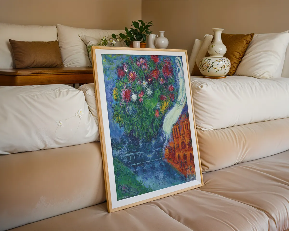 Marc Chagall-inspired Notre Dame Paris romantic surrealist poster print, lovers floating above cathedral composition, warm jewel-toned Chagallian visual language, Russian-French surrealist movement aesthetic, love-defying-gravity philosophy, archival quality print, romantic surrealist art collector wall piece, Chagall-inspired home décor, gallery statement art, romantic surrealism gift. — photo 6