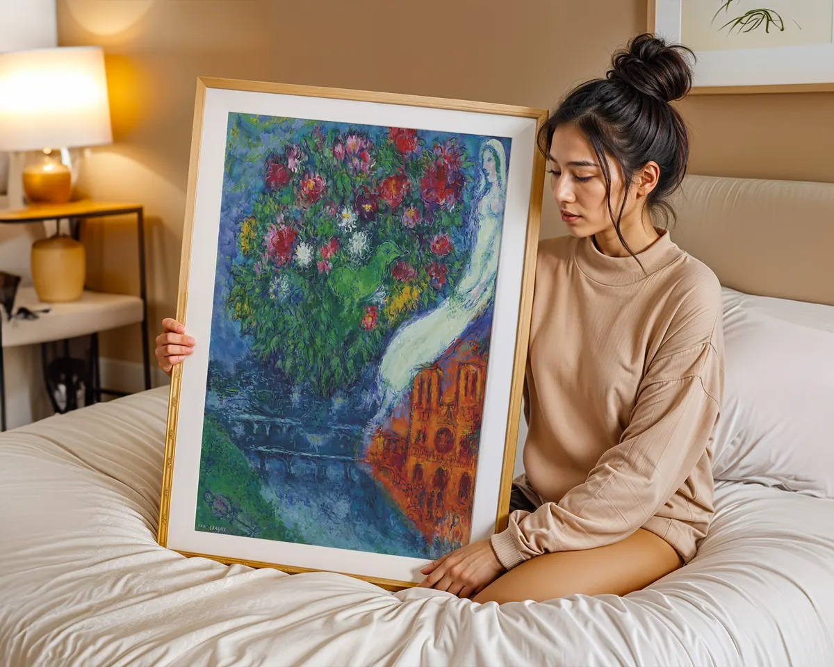 Marc Chagall-inspired Notre Dame Paris romantic surrealist poster print, lovers floating above cathedral composition, warm jewel-toned Chagallian visual language, Russian-French surrealist movement aesthetic, love-defying-gravity philosophy, archival quality print, romantic surrealist art collector wall piece, Chagall-inspired home décor, gallery statement art, romantic surrealism gift. — photo 7