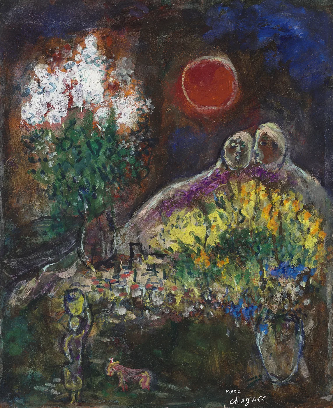 Marc Chagall-inspired Baou study surrealist landscape poster print, warm South of France composition, lyrical dreaming visual aesthetic, Chagall's later period sunlit philosophy, floating figure and landscape language, archival quality print, surrealist landscape art collector wall piece, warm Provençal home décor, gallery art statement, romantic landscape gift, Chagall movement inspired print.