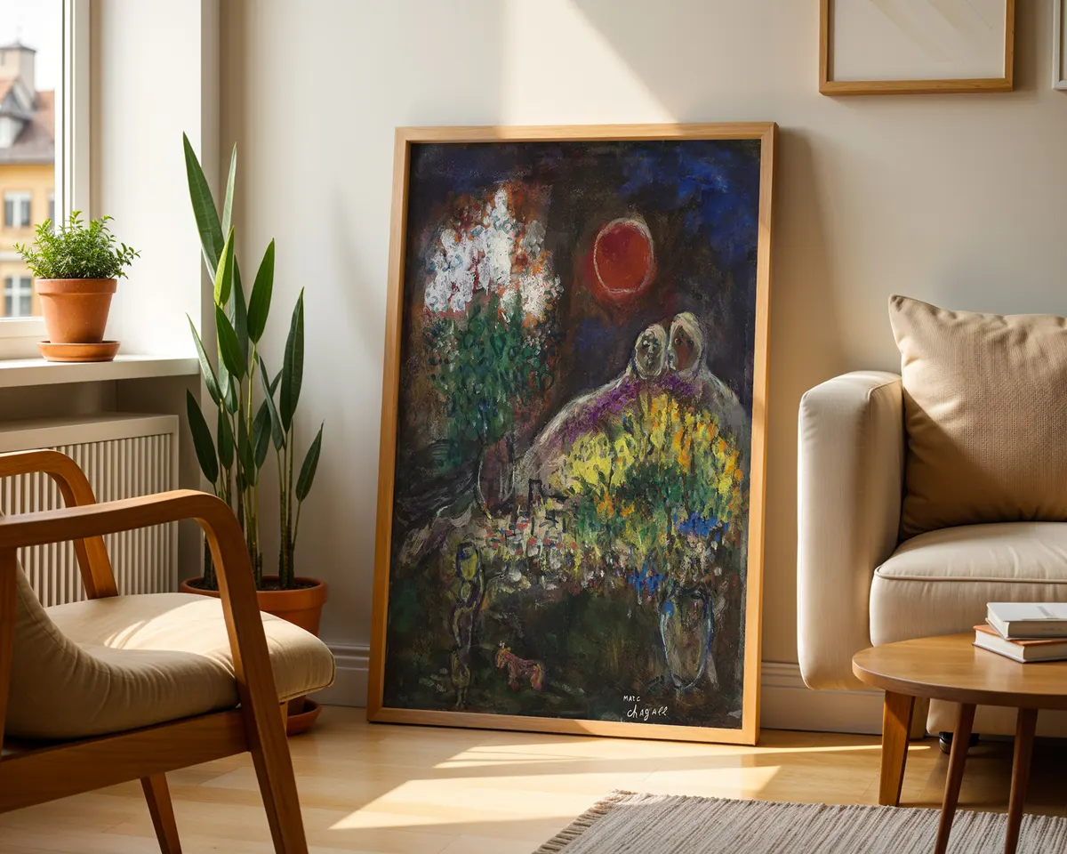 Marc Chagall-inspired Baou study surrealist landscape poster print, warm South of France composition, lyrical dreaming visual aesthetic, Chagall's later period sunlit philosophy, floating figure and landscape language, archival quality print, surrealist landscape art collector wall piece, warm Provençal home décor, gallery art statement, romantic landscape gift, Chagall movement inspired print. — photo 2