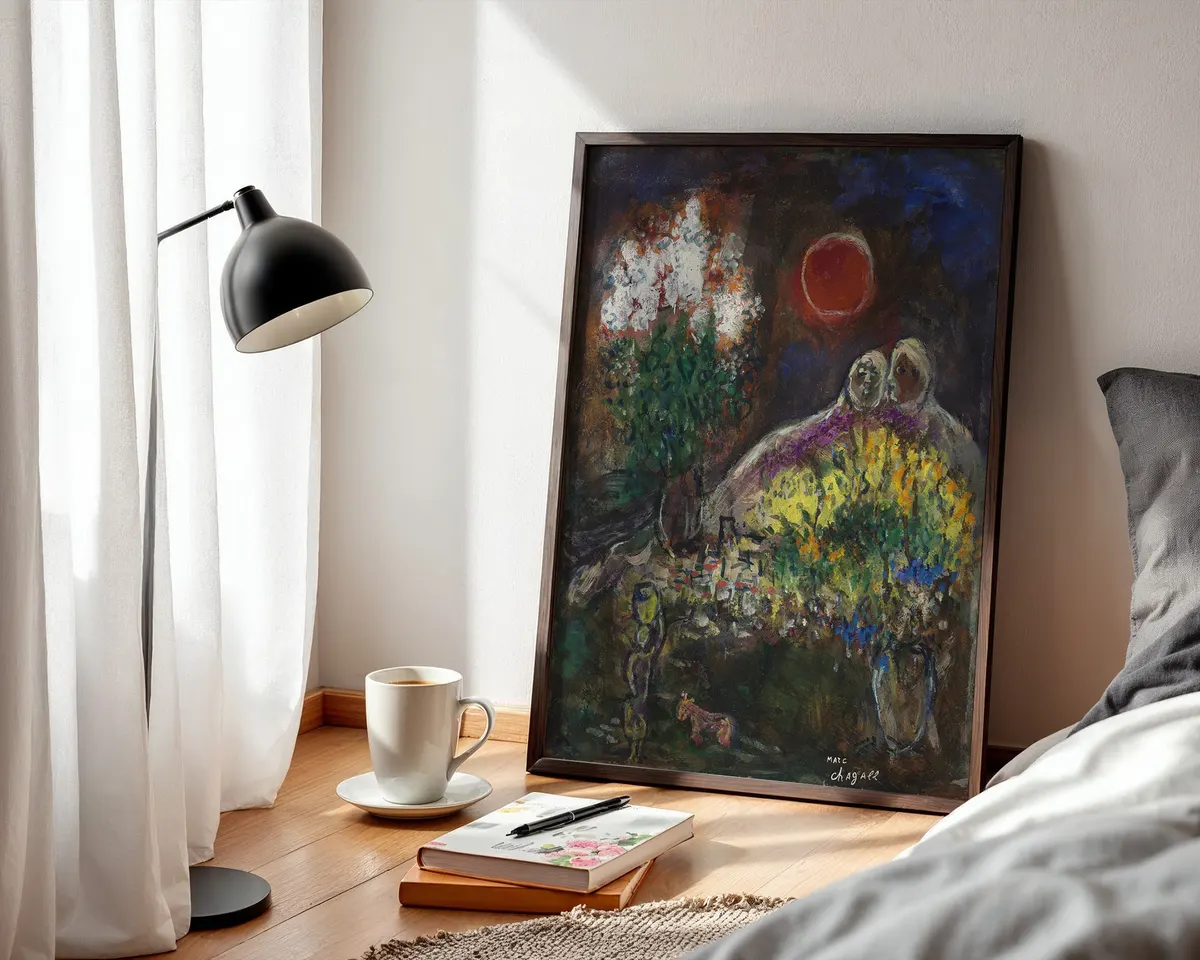 Marc Chagall-inspired Baou study surrealist landscape poster print, warm South of France composition, lyrical dreaming visual aesthetic, Chagall's later period sunlit philosophy, floating figure and landscape language, archival quality print, surrealist landscape art collector wall piece, warm Provençal home décor, gallery art statement, romantic landscape gift, Chagall movement inspired print. — photo 3