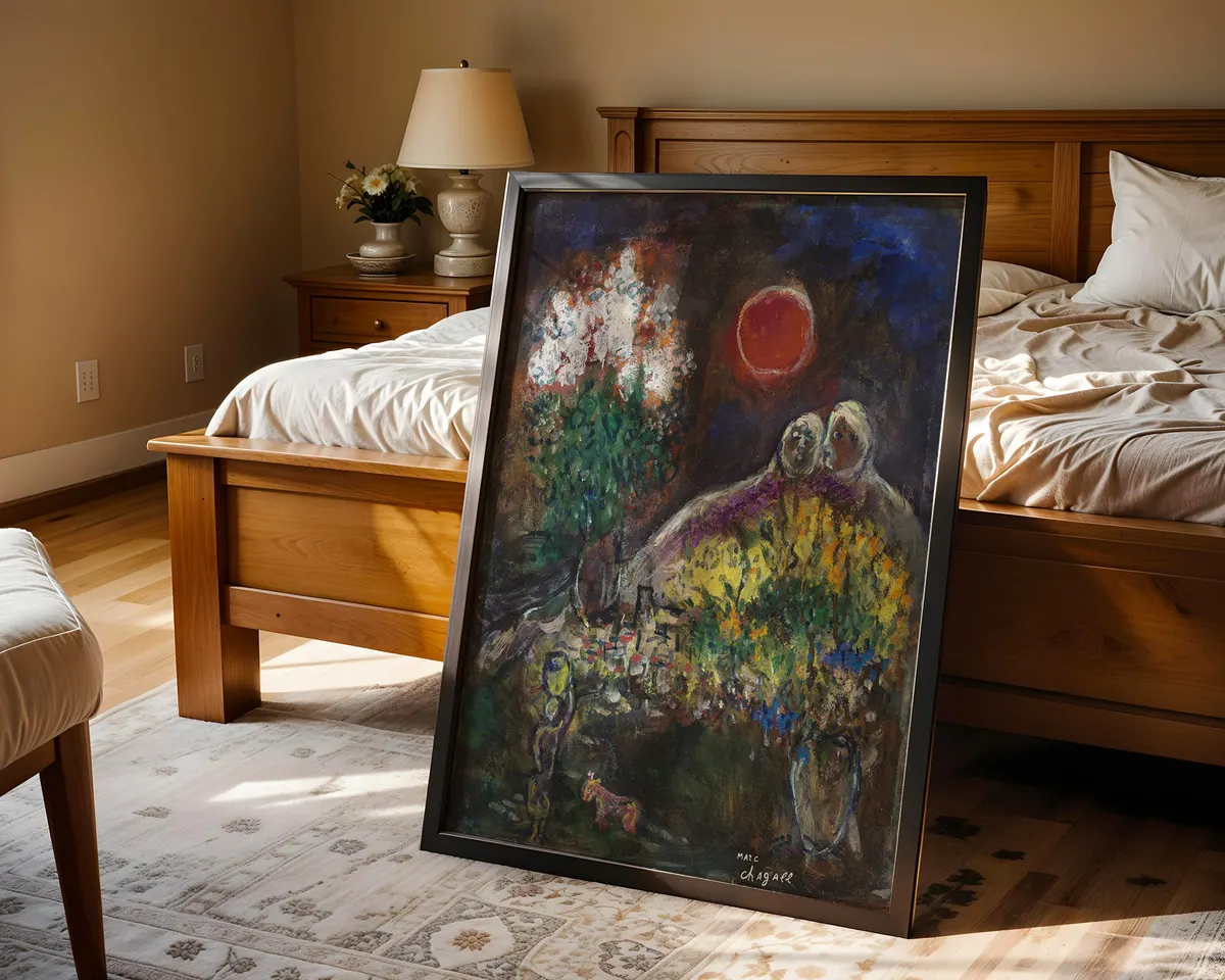 Marc Chagall-inspired Baou study surrealist landscape poster print, warm South of France composition, lyrical dreaming visual aesthetic, Chagall's later period sunlit philosophy, floating figure and landscape language, archival quality print, surrealist landscape art collector wall piece, warm Provençal home décor, gallery art statement, romantic landscape gift, Chagall movement inspired print. — photo 4