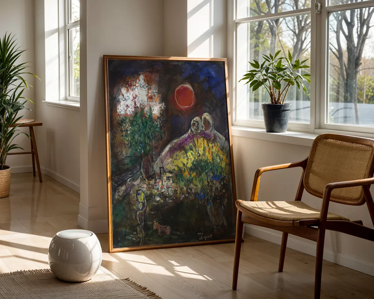 Marc Chagall-inspired Baou study surrealist landscape poster print, warm South of France composition, lyrical dreaming visual aesthetic, Chagall's later period sunlit philosophy, floating figure and landscape language, archival quality print, surrealist landscape art collector wall piece, warm Provençal home décor, gallery art statement, romantic landscape gift, Chagall movement inspired print. — photo 5
