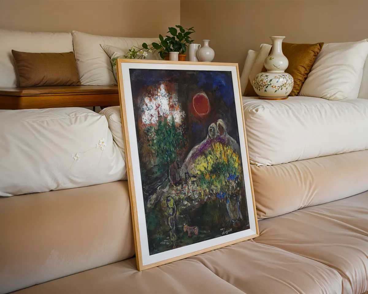 Marc Chagall-inspired Baou study surrealist landscape poster print, warm South of France composition, lyrical dreaming visual aesthetic, Chagall's later period sunlit philosophy, floating figure and landscape language, archival quality print, surrealist landscape art collector wall piece, warm Provençal home décor, gallery art statement, romantic landscape gift, Chagall movement inspired print. — photo 6