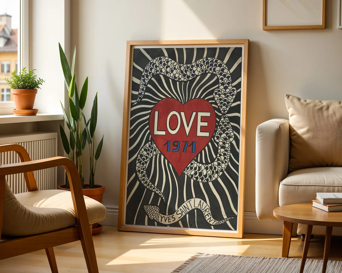 Yves Saint Laurent Love vintage fashion art poster print, YSL annual love series aesthetic, bold graphic fashion and desire composition, haute couture visual language, French fashion history movement, archival quality print, YSL fashion collector wall piece, chic French fashion home décor, gallery art statement, vintage fashion lover gift, Saint Laurent love series inspired print. — photo 2