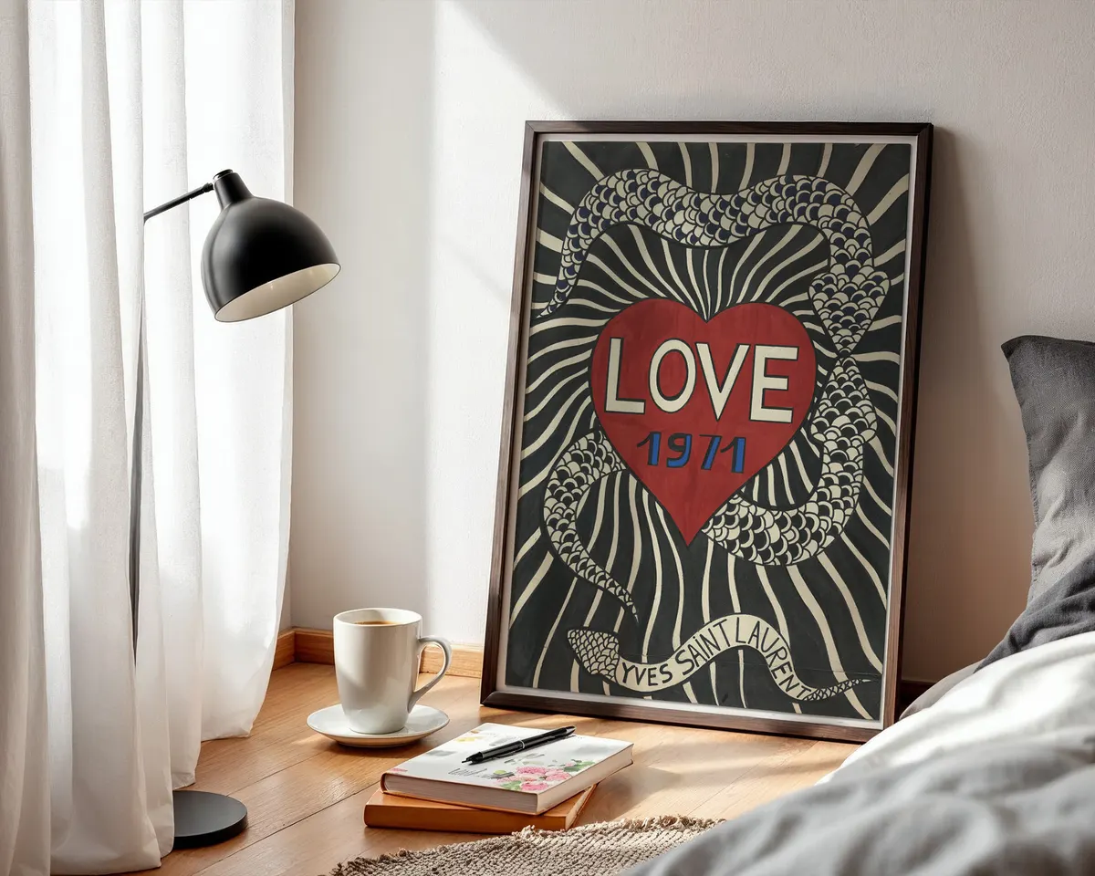 Yves Saint Laurent Love vintage fashion art poster print, YSL annual love series aesthetic, bold graphic fashion and desire composition, haute couture visual language, French fashion history movement, archival quality print, YSL fashion collector wall piece, chic French fashion home décor, gallery art statement, vintage fashion lover gift, Saint Laurent love series inspired print. — photo 3