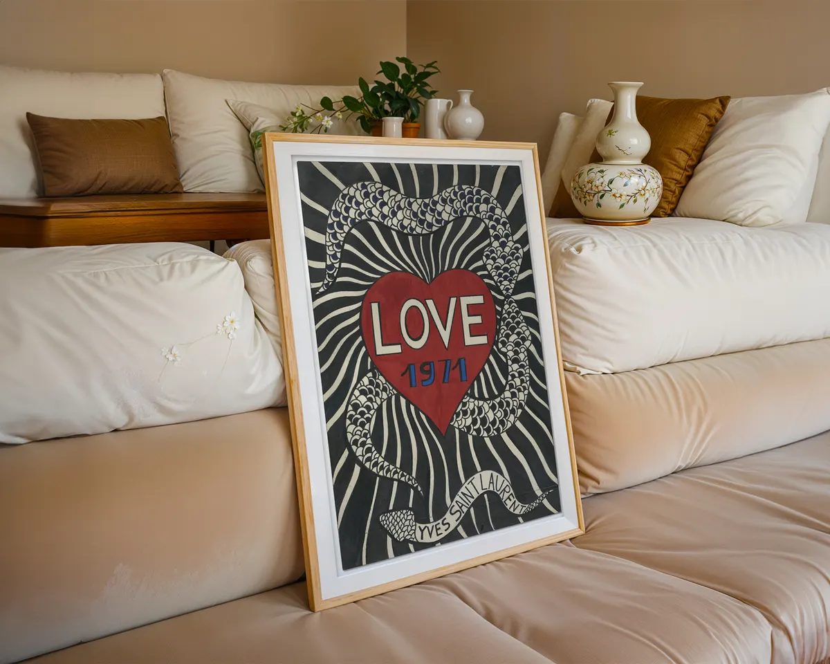 Yves Saint Laurent Love vintage fashion art poster print, YSL annual love series aesthetic, bold graphic fashion and desire composition, haute couture visual language, French fashion history movement, archival quality print, YSL fashion collector wall piece, chic French fashion home décor, gallery art statement, vintage fashion lover gift, Saint Laurent love series inspired print. — photo 6
