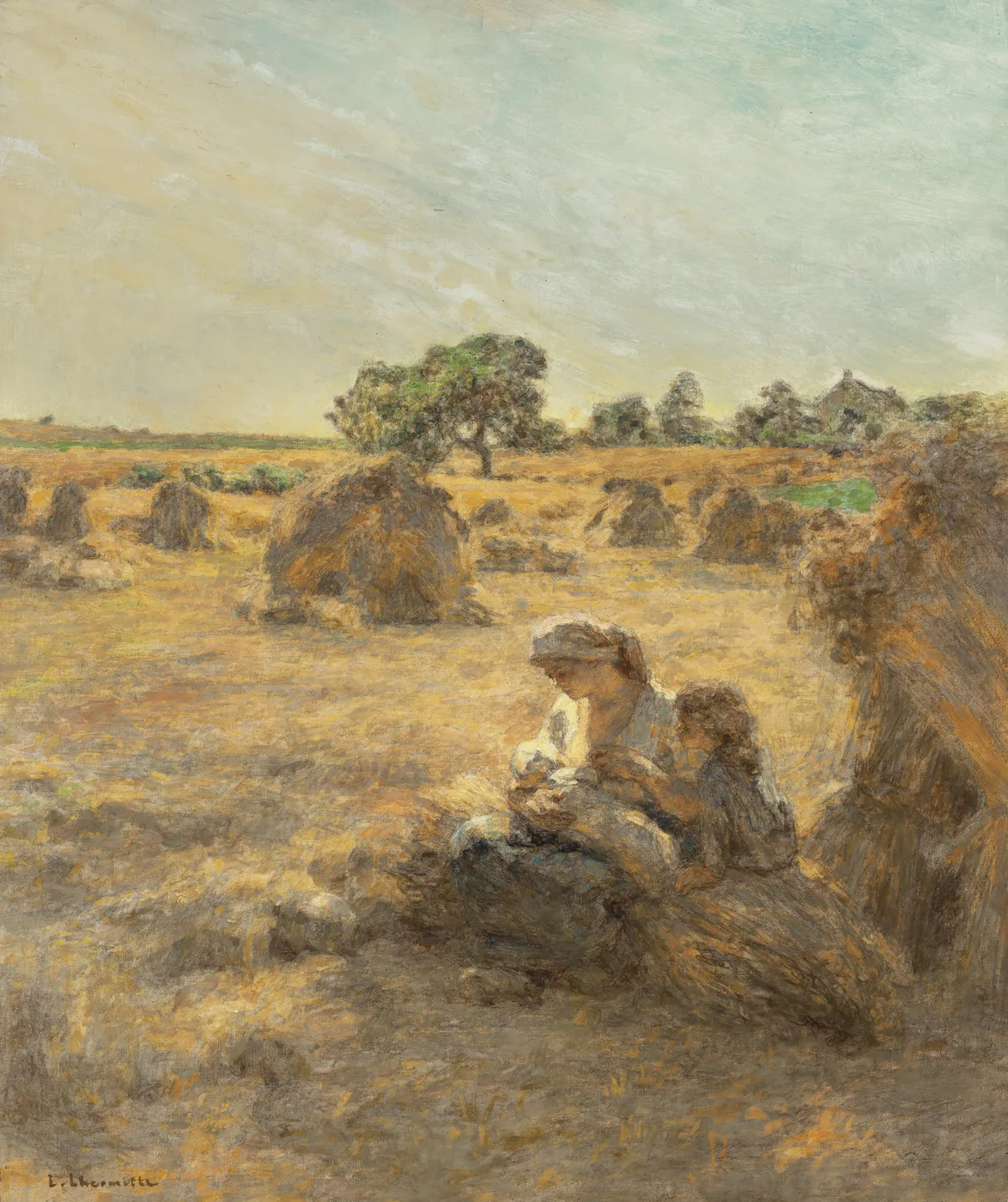 French Realist style harvest painting poster with rural figures in a warm golden pastoral scene.