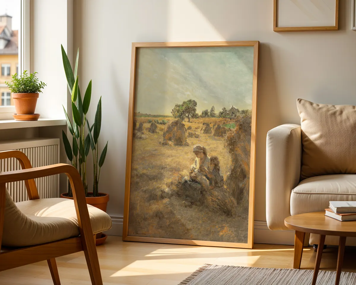 French Realist style harvest painting poster with rural figures in a warm golden pastoral scene. — photo 2