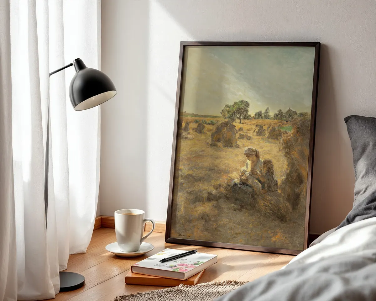 French Realist style harvest painting poster with rural figures in a warm golden pastoral scene. — photo 3