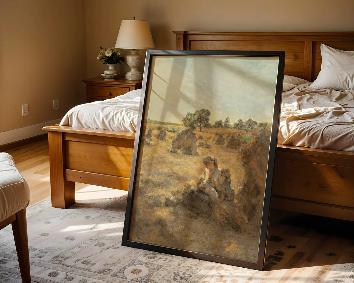 French Realist style harvest painting poster with rural figures in a warm golden pastoral scene. — photo 4