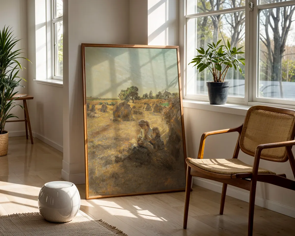 French Realist style harvest painting poster with rural figures in a warm golden pastoral scene. — photo 5
