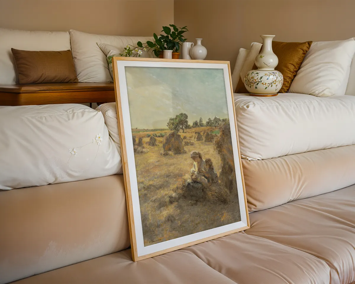 French Realist style harvest painting poster with rural figures in a warm golden pastoral scene. — photo 6