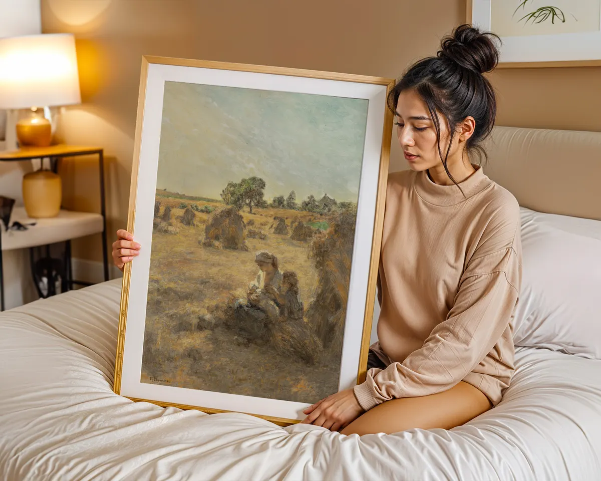 French Realist style harvest painting poster with rural figures in a warm golden pastoral scene. — photo 7