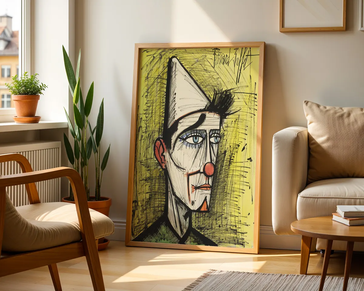 Bernard Buffet-inspired clown French mid-century expressionist art poster print, solitary figure in yellow background composition, sharp spiky linear style aesthetic, loneliness-through-comedy visual philosophy, French 1950s expressionist movement, archival quality print, French expressionist art collector wall piece, distinctive home décor statement, gallery art print, mid-century French art history gift. — photo 2