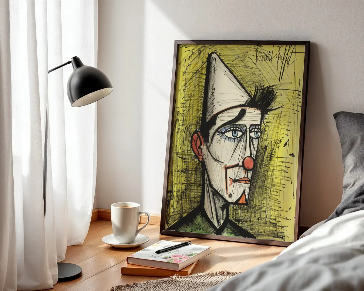 Bernard Buffet-inspired clown French mid-century expressionist art poster print, solitary figure in yellow background composition, sharp spiky linear style aesthetic, loneliness-through-comedy visual philosophy, French 1950s expressionist movement, archival quality print, French expressionist art collector wall piece, distinctive home décor statement, gallery art print, mid-century French art history gift. — photo 3