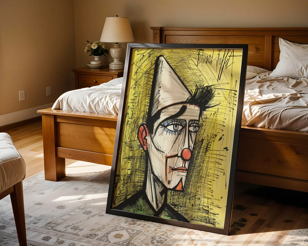 Bernard Buffet-inspired clown French mid-century expressionist art poster print, solitary figure in yellow background composition, sharp spiky linear style aesthetic, loneliness-through-comedy visual philosophy, French 1950s expressionist movement, archival quality print, French expressionist art collector wall piece, distinctive home décor statement, gallery art print, mid-century French art history gift. — photo 4