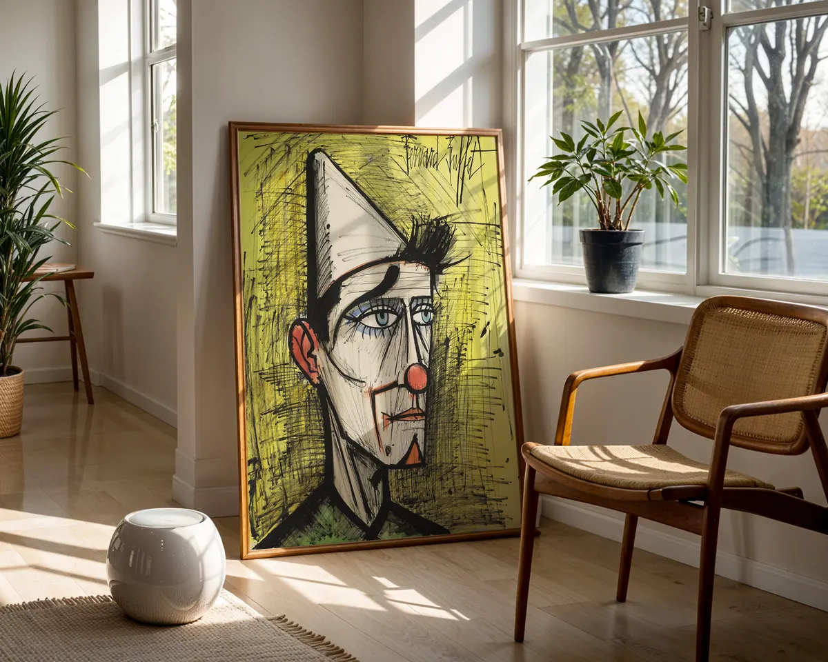 Bernard Buffet-inspired clown French mid-century expressionist art poster print, solitary figure in yellow background composition, sharp spiky linear style aesthetic, loneliness-through-comedy visual philosophy, French 1950s expressionist movement, archival quality print, French expressionist art collector wall piece, distinctive home décor statement, gallery art print, mid-century French art history gift. — photo 5