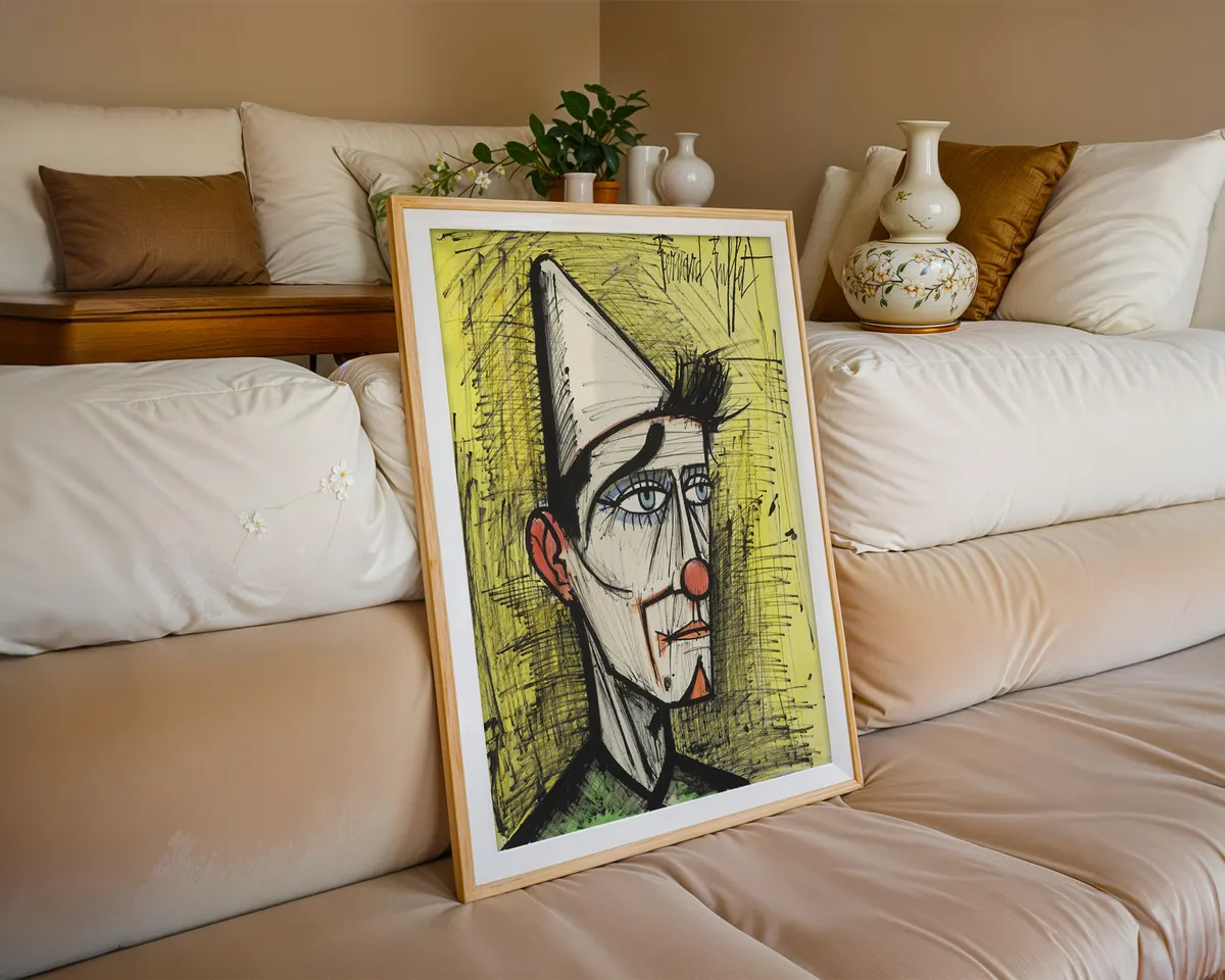 Bernard Buffet-inspired clown French mid-century expressionist art poster print, solitary figure in yellow background composition, sharp spiky linear style aesthetic, loneliness-through-comedy visual philosophy, French 1950s expressionist movement, archival quality print, French expressionist art collector wall piece, distinctive home décor statement, gallery art print, mid-century French art history gift. — photo 6
