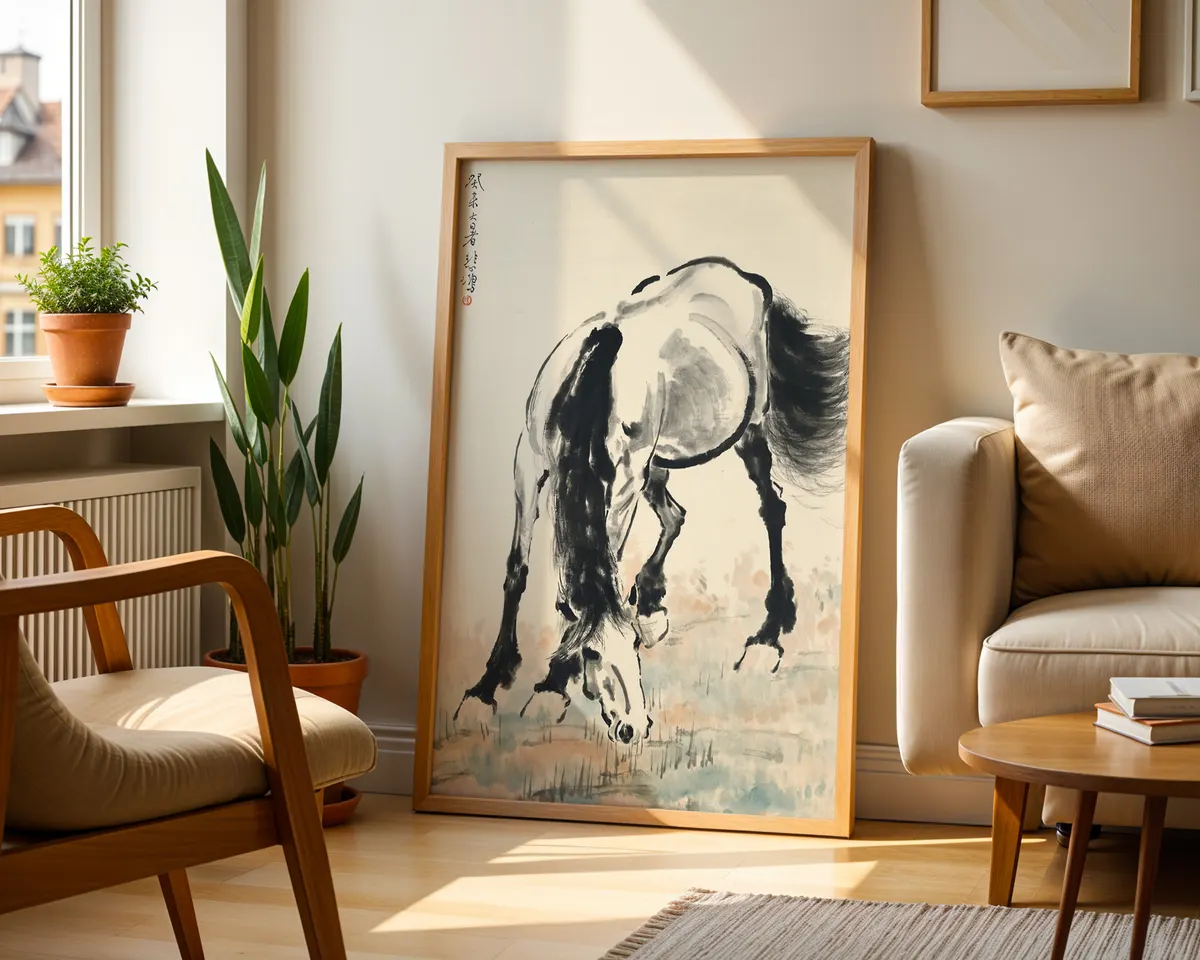 Chinese ink style painting poster of a grazing horse with fluid powerful brushwork in the manner of Xu Beihong. — photo 2