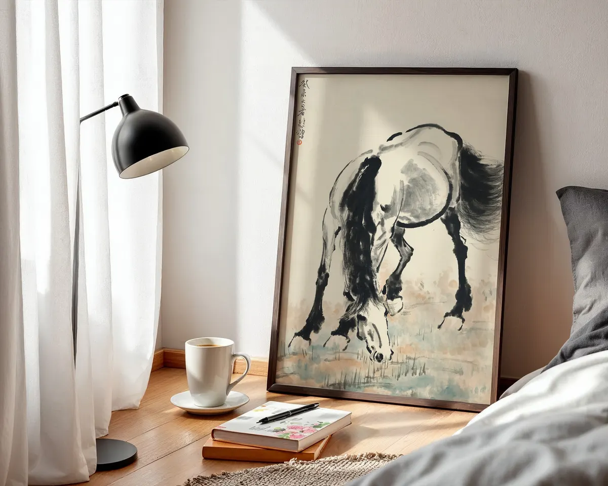 Chinese ink style painting poster of a grazing horse with fluid powerful brushwork in the manner of Xu Beihong. — photo 3