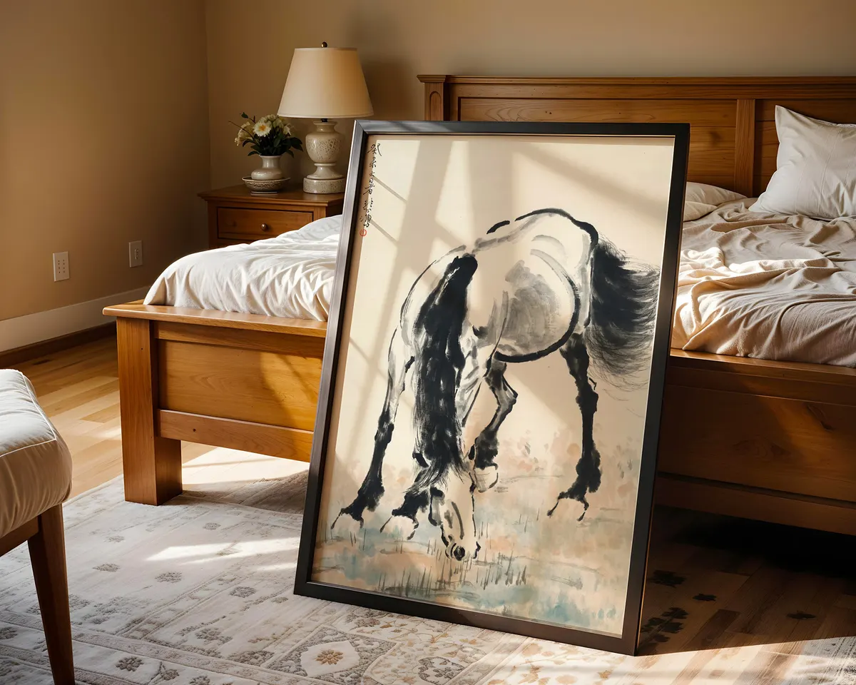 Chinese ink style painting poster of a grazing horse with fluid powerful brushwork in the manner of Xu Beihong. — photo 4
