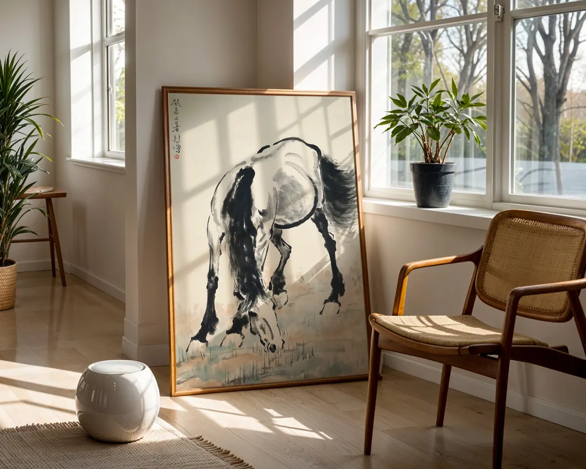 Chinese ink style painting poster of a grazing horse with fluid powerful brushwork in the manner of Xu Beihong. — photo 5