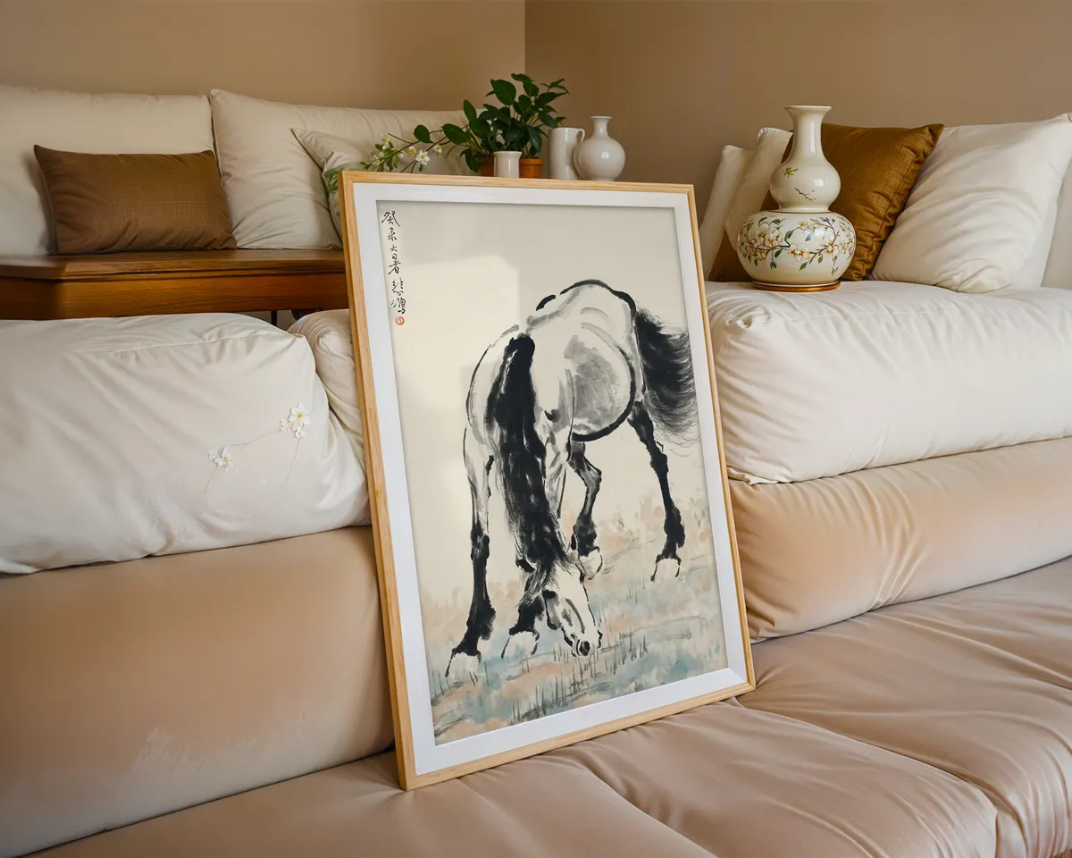 Chinese ink style painting poster of a grazing horse with fluid powerful brushwork in the manner of Xu Beihong. — photo 6