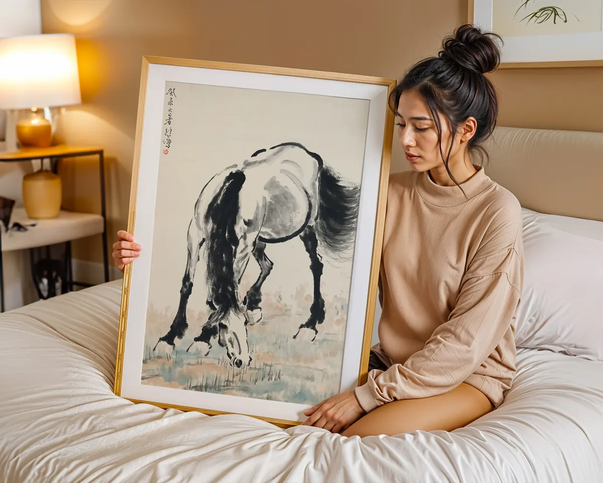 Chinese ink style painting poster of a grazing horse with fluid powerful brushwork in the manner of Xu Beihong. — photo 7