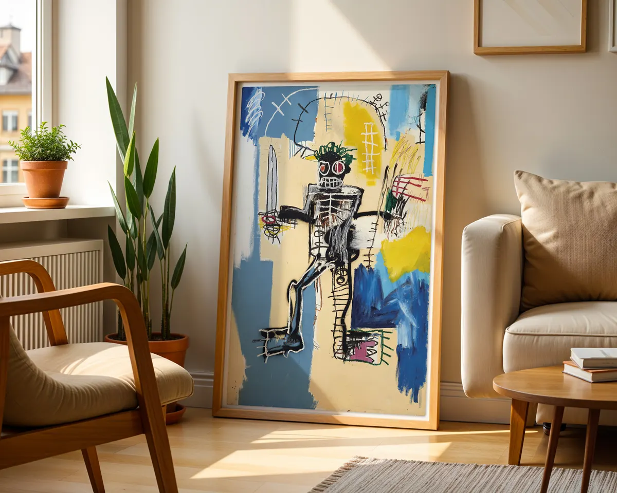 Basquiat-inspired Warrior neo-expressionist art poster print, powerful figure navigating resistance composition, raw gestural mark-making visual language, 1980s New York street art movement aesthetic, empowerment and resistance design, archival quality print, neo-expressionist art collector wall piece, bold abstract home décor statement, gallery wall art, Basquiat movement inspired gift, black art history print. — photo 2