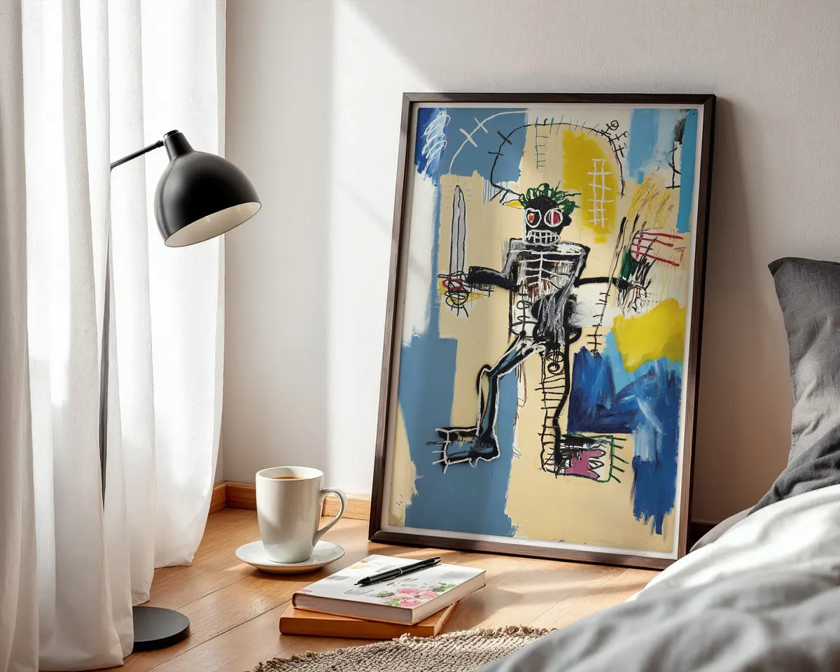 Basquiat-inspired Warrior neo-expressionist art poster print, powerful figure navigating resistance composition, raw gestural mark-making visual language, 1980s New York street art movement aesthetic, empowerment and resistance design, archival quality print, neo-expressionist art collector wall piece, bold abstract home décor statement, gallery wall art, Basquiat movement inspired gift, black art history print. — photo 3