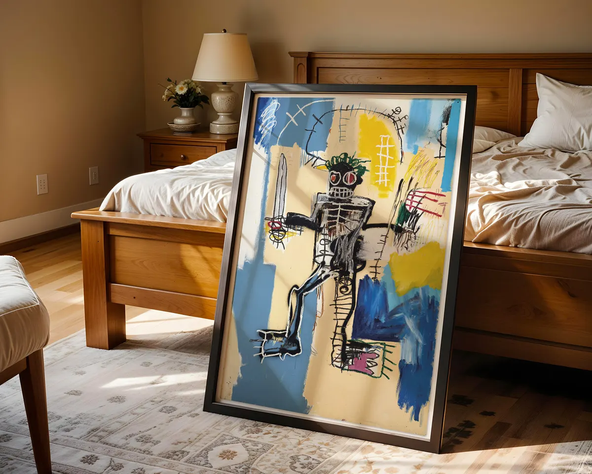 Basquiat-inspired Warrior neo-expressionist art poster print, powerful figure navigating resistance composition, raw gestural mark-making visual language, 1980s New York street art movement aesthetic, empowerment and resistance design, archival quality print, neo-expressionist art collector wall piece, bold abstract home décor statement, gallery wall art, Basquiat movement inspired gift, black art history print. — photo 4