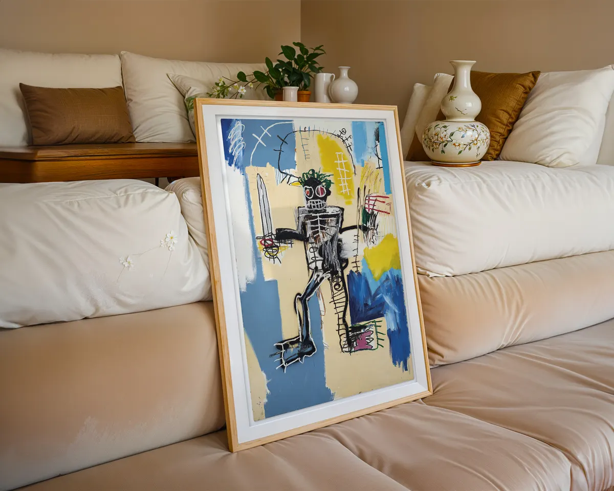 Basquiat-inspired Warrior neo-expressionist art poster print, powerful figure navigating resistance composition, raw gestural mark-making visual language, 1980s New York street art movement aesthetic, empowerment and resistance design, archival quality print, neo-expressionist art collector wall piece, bold abstract home décor statement, gallery wall art, Basquiat movement inspired gift, black art history print. — photo 6