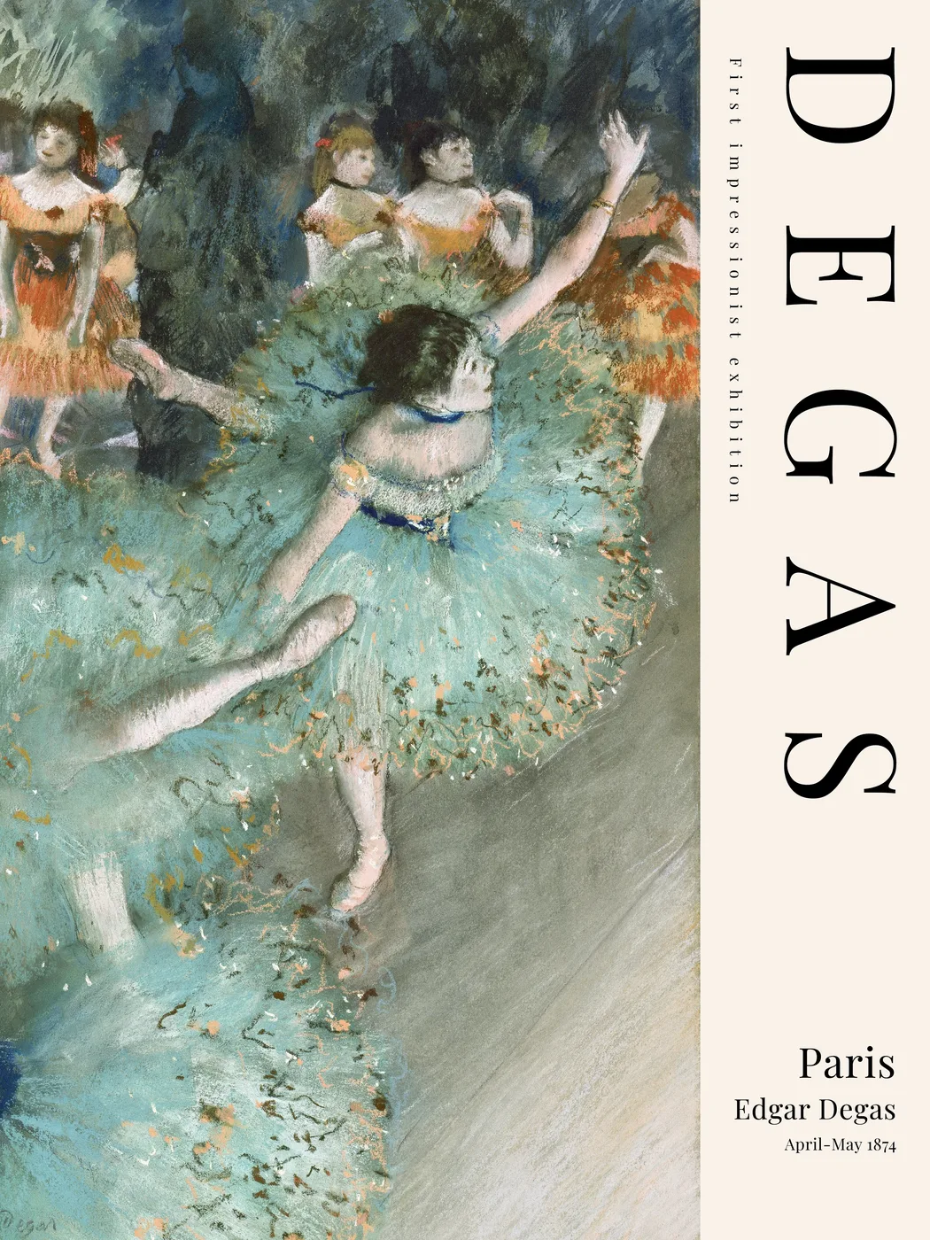 Third impressionist style ballet poster of a dancer preparing backstage in soft warm tones, completing a Degas style triptych.