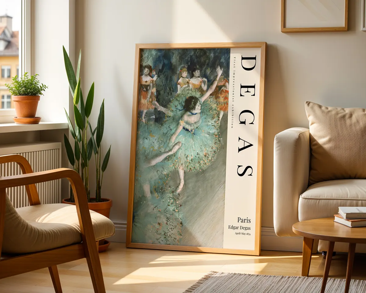 Third impressionist style ballet poster of a dancer preparing backstage in soft warm tones, completing a Degas style triptych. — photo 2