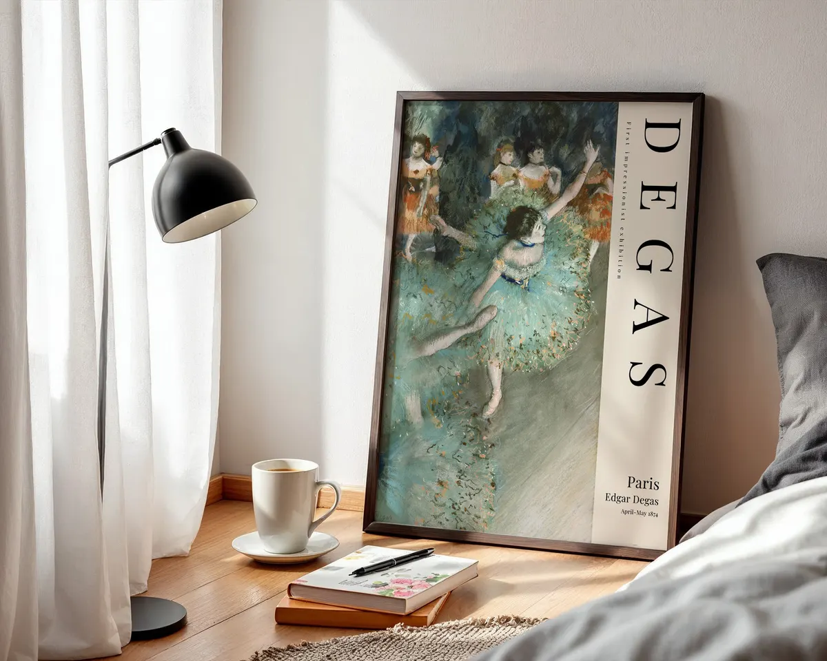 Third impressionist style ballet poster of a dancer preparing backstage in soft warm tones, completing a Degas style triptych. — photo 3