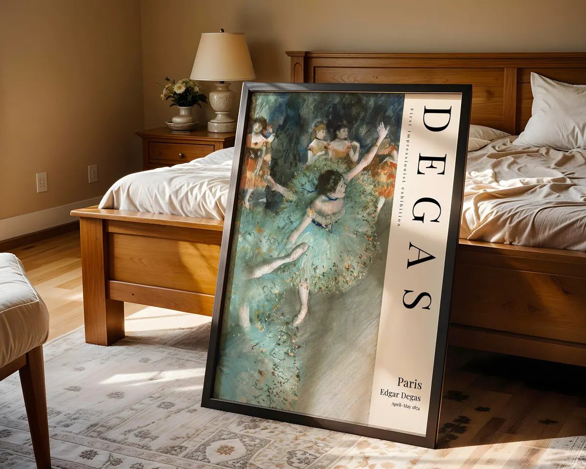 Third impressionist style ballet poster of a dancer preparing backstage in soft warm tones, completing a Degas style triptych. — photo 4