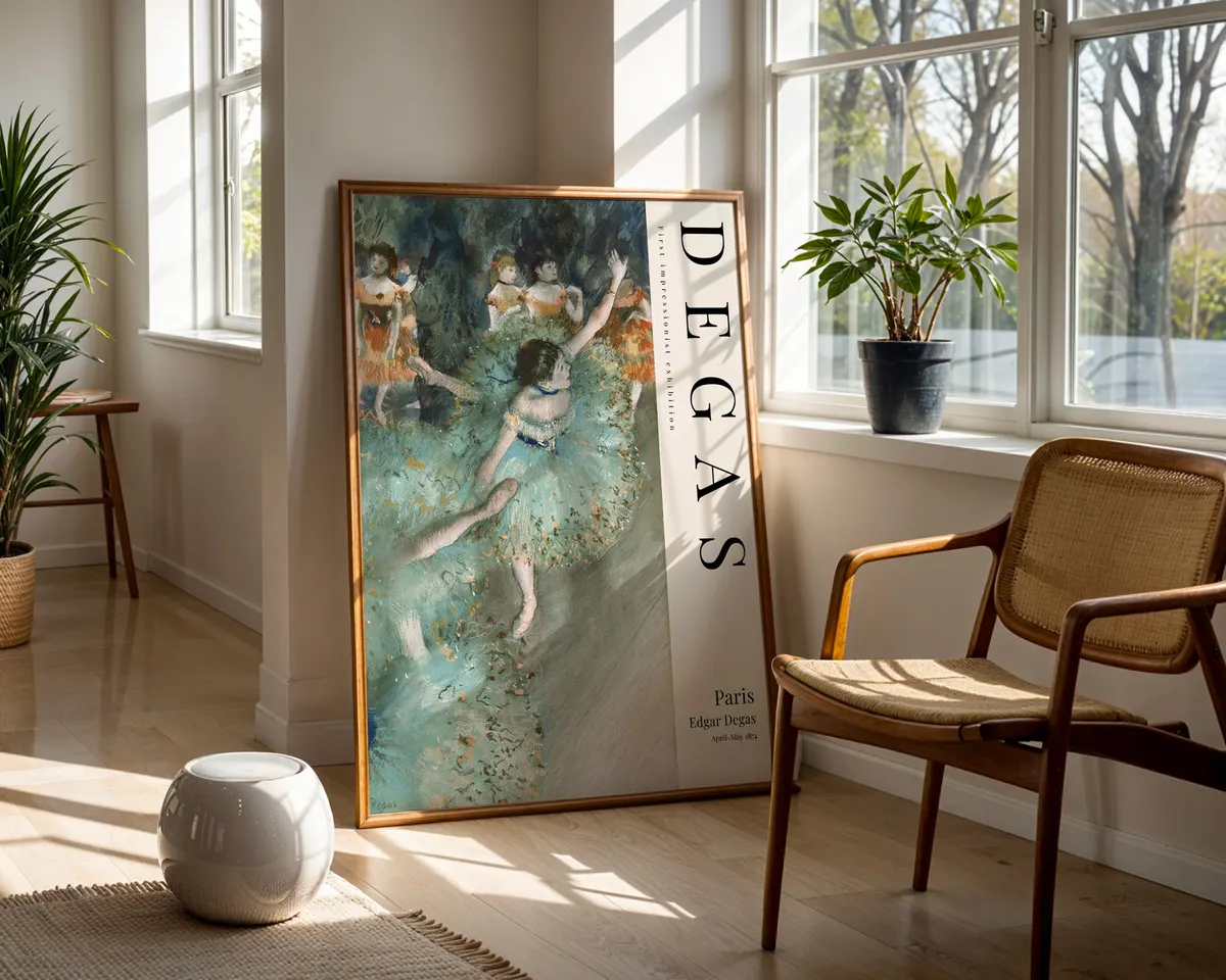 Third impressionist style ballet poster of a dancer preparing backstage in soft warm tones, completing a Degas style triptych. — photo 5